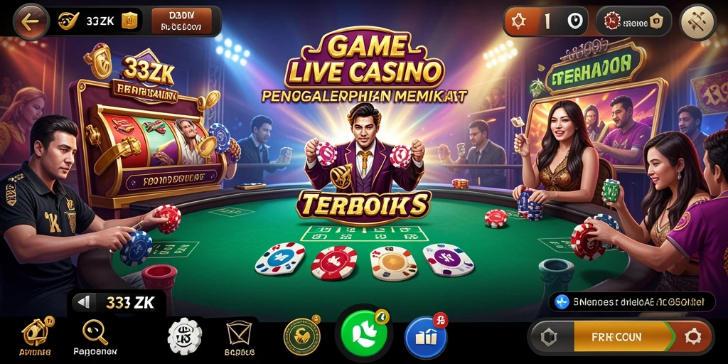 Screenshot gameplay 33ZK menampilkan dealer langsung dan suasana kasino yang mendebarkan.