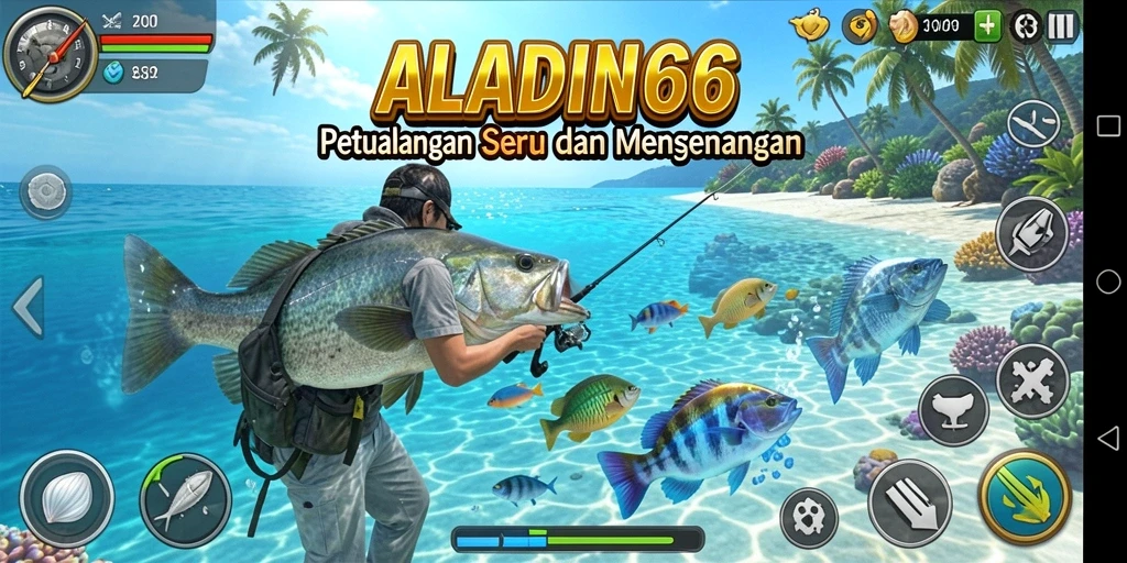 Screenshot menunjukkan pemain menangkap ikan besar di tengah lautan.