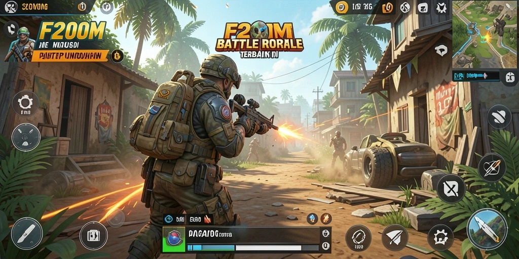 Tangkapan layar gameplay F200M menunjukkan pertarungan Battle Royale yang mendebarkan.