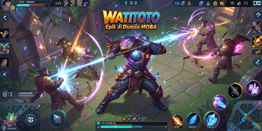 Screenshot gameplay WATITOTO menampilkan pertempuran seru antara tim di arena.